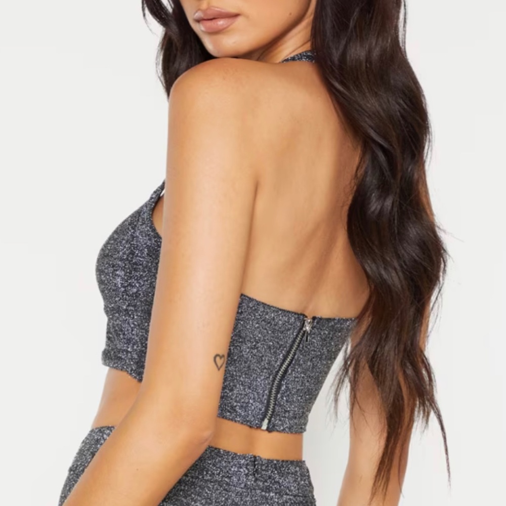 PrettyLittleThings Silver Glitter Halterneck Top - Picture 2 of 6